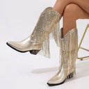 Women's Mid-Calf Boots Double-Layer Tassel Autumn and Winter Thick Heel High Heel Sleeve Western Cowboy Boots Women's Knight Boots Gold Silver Tip
