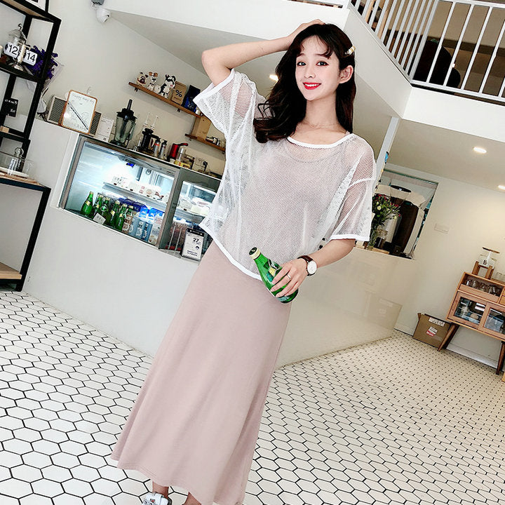 Summer New Style Mesh Blouse Long Dress Two-Piece Set Strap Beautiful Back Striped Modal Slim Look Beach Dress