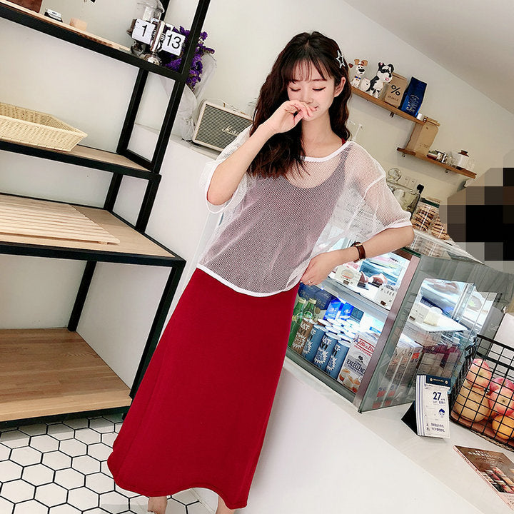 Summer New Style Mesh Blouse Long Dress Two-Piece Set Strap Beautiful Back Striped Modal Slim Look Beach Dress