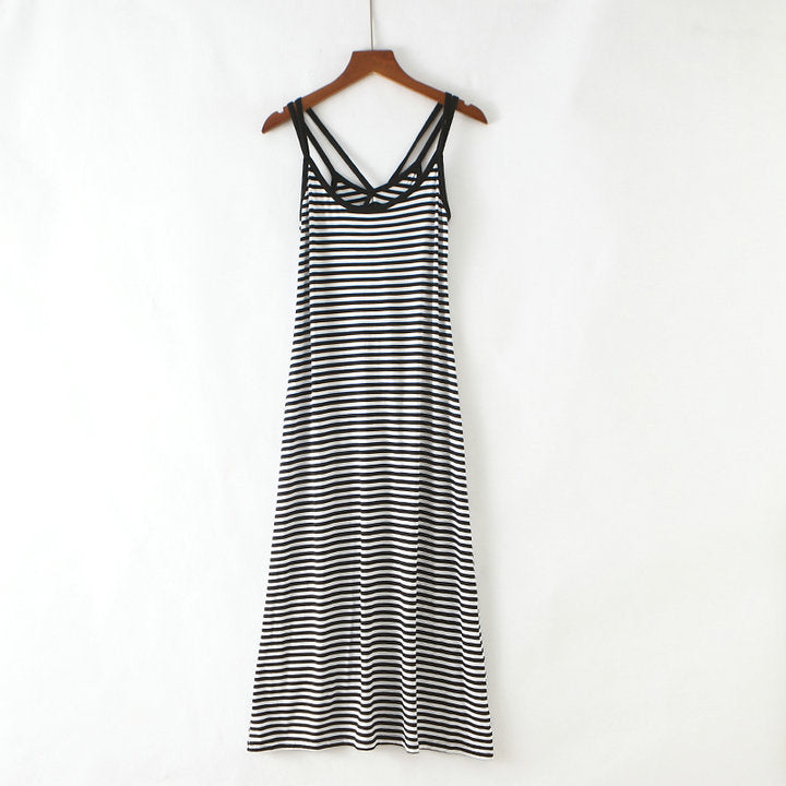 Summer New Style Mesh Blouse Long Dress Two-Piece Set Strap Beautiful Back Striped Modal Slim Look Beach Dress