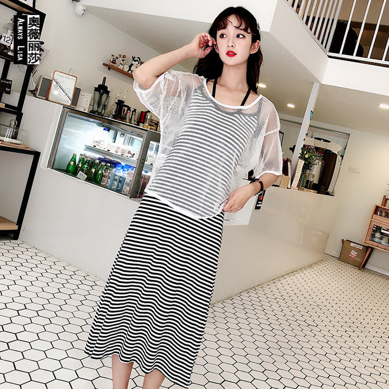 Summer New Style Mesh Blouse Long Dress Two-Piece Set Strap Beautiful Back Striped Modal Slim Look Beach Dress