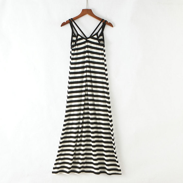 Summer New Style Mesh Blouse Long Dress Two-Piece Set Strap Beautiful Back Striped Modal Slim Look Beach Dress