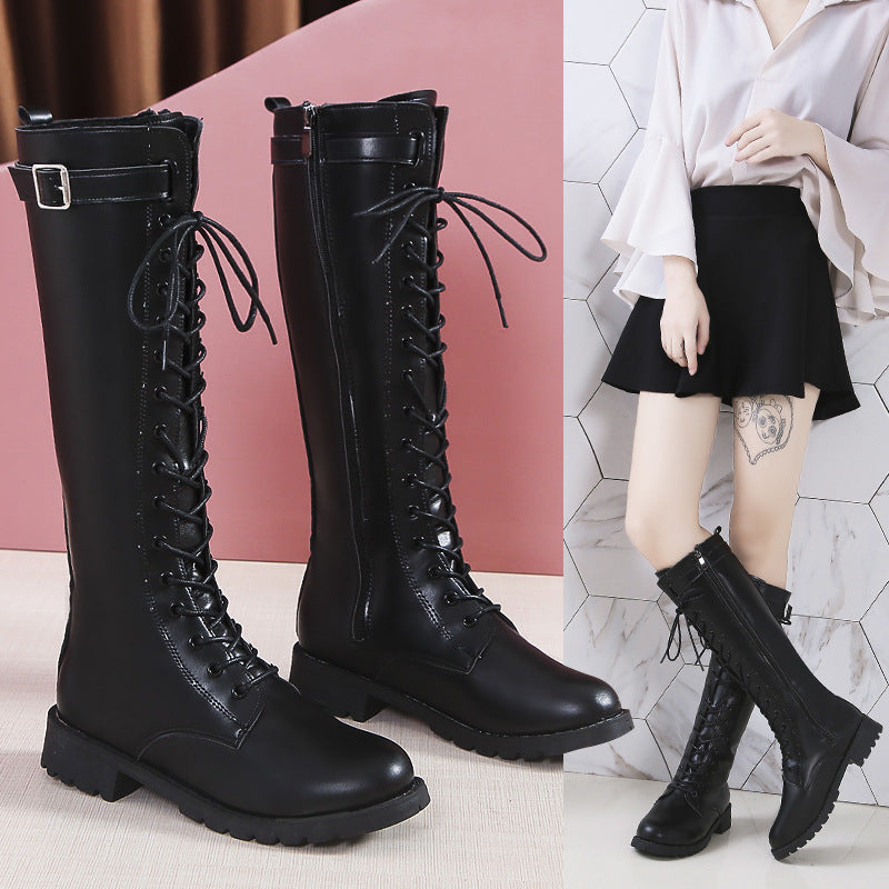 Women's Lace-Up High Boots 2026 Autumn and Winter New Style Mid-Heel Women's Shoes Long Boots Trendy Ins Slim Boots