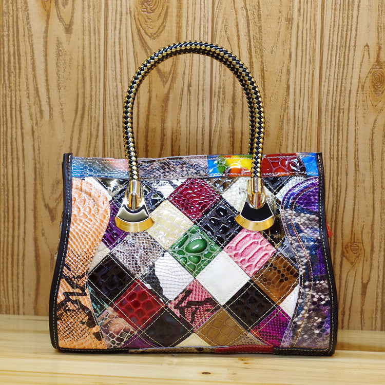 Cross-border Genuine Leather Women's Handbag European and American Trendy Bag Cowhide Snake Pattern Sequins Handmade Women's Bag Crossbody Handbag