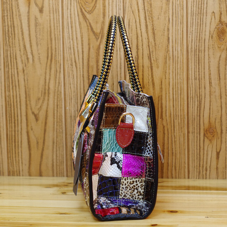 Cross-border Genuine Leather Women's Handbag European and American Trendy Bag Cowhide Snake Pattern Sequins Handmade Women's Bag Crossbody Handbag