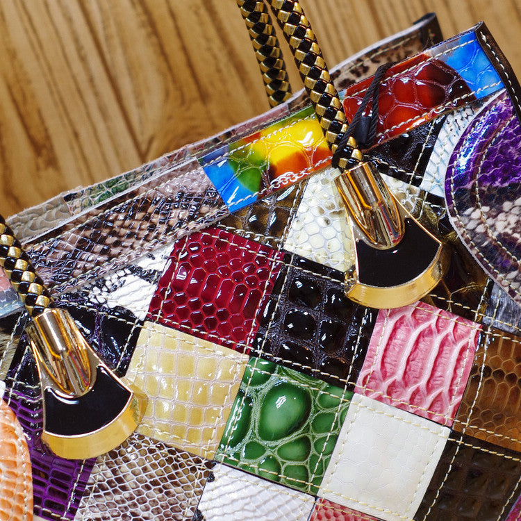 Cross-border Genuine Leather Women's Handbag European and American Trendy Bag Cowhide Snake Pattern Sequins Handmade Women's Bag Crossbody Handbag
