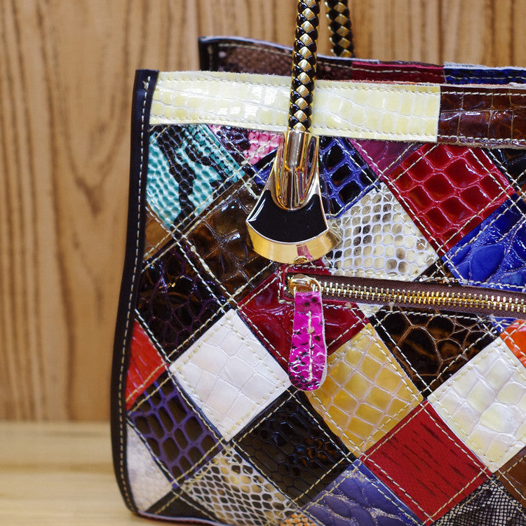 Cross-border Genuine Leather Women's Handbag European and American Trendy Bag Cowhide Snake Pattern Sequins Handmade Women's Bag Crossbody Handbag