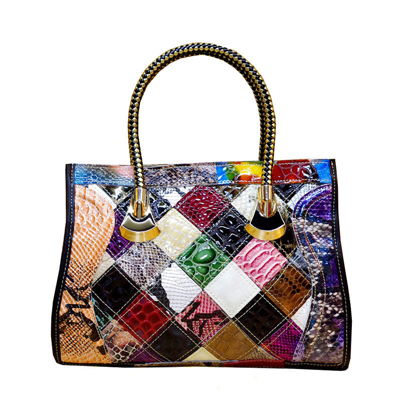 Cross-border Genuine Leather Women's Handbag European and American Trendy Bag Cowhide Snake Pattern Sequins Handmade Women's Bag Crossbody Handbag
