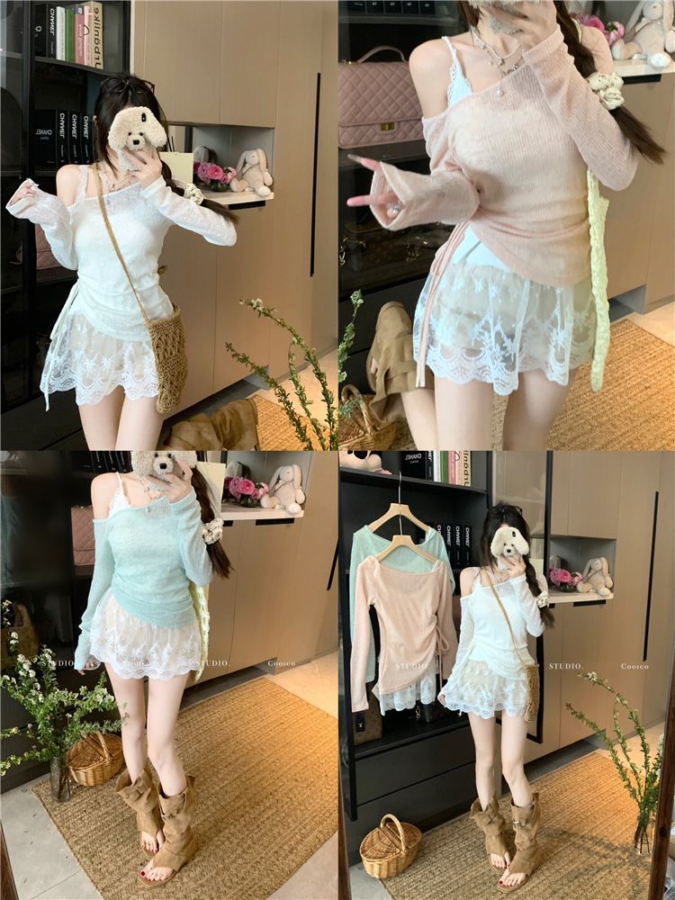 Light Green Off-Shoulder Long-Sleeved T-Shirt for Women Spring See-Through Thin Sun Protection Blouse Drawstring Slim Chic Versatile Top