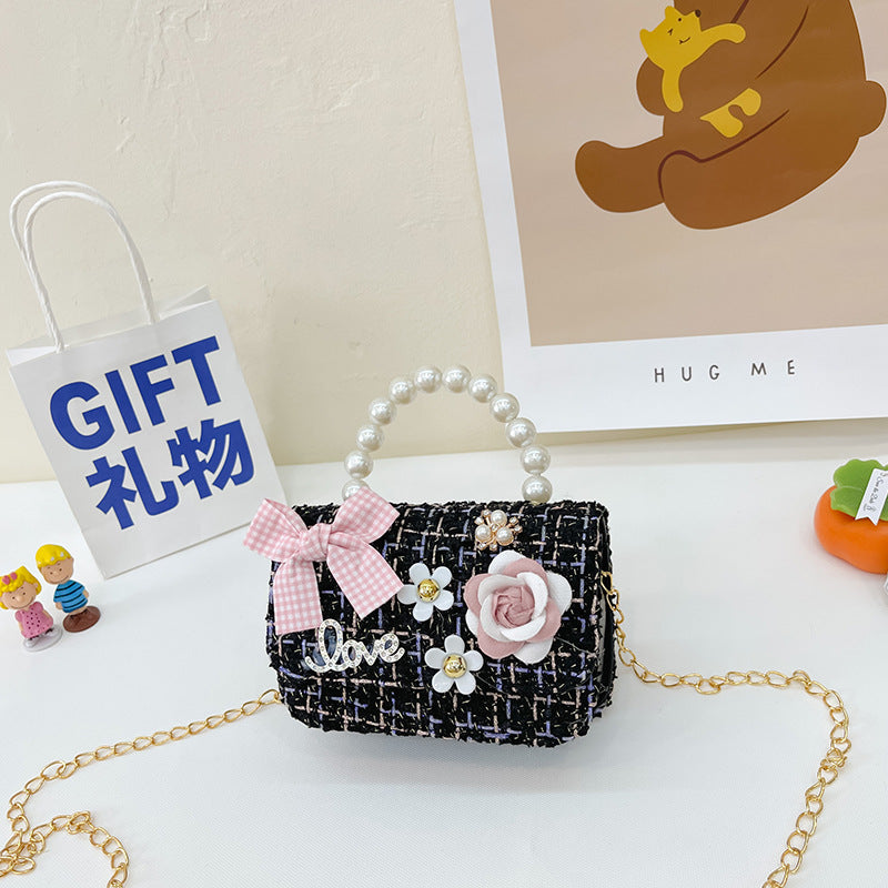 New Korean Fashion Woolen Cotton Linen Women's Children's Bow Pearl Handbag Handbag Women's Bag