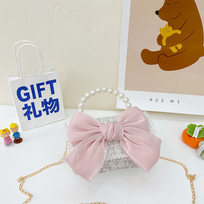 New Korean Fashion Woolen Cotton Linen Women's Children's Bow Pearl Handbag Handbag Women's Bag