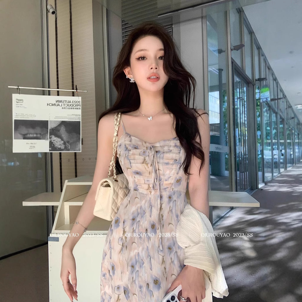 French Style Waisted Gentle Floral dress Women's Seaside Beach Vacation Fairy dress Elegant Pure Slip Dress