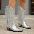 Women's Mid-Calf Boots Double-Layer Tassel Autumn and Winter Thick Heel High Heel Sleeve Western Cowboy Boots Women's Knight Boots Gold Silver Tip