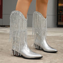 Women's Mid-Calf Boots Double-Layer Tassel Autumn and Winter Thick Heel High Heel Sleeve Western Cowboy Boots Women's Knight Boots Gold Silver Tip