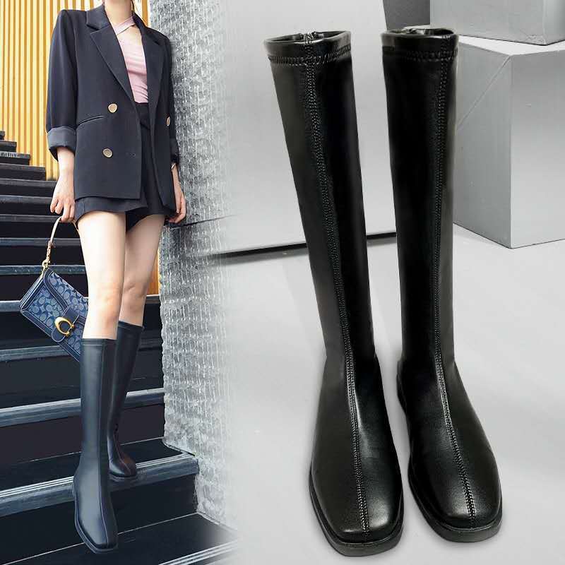 Long Boots for Women, Knight Boots, No More Than Knee-High Street Style Square-Toe Boots, Spring and Autumn New Style, Rear Zipper, Slimming High Boots for Women