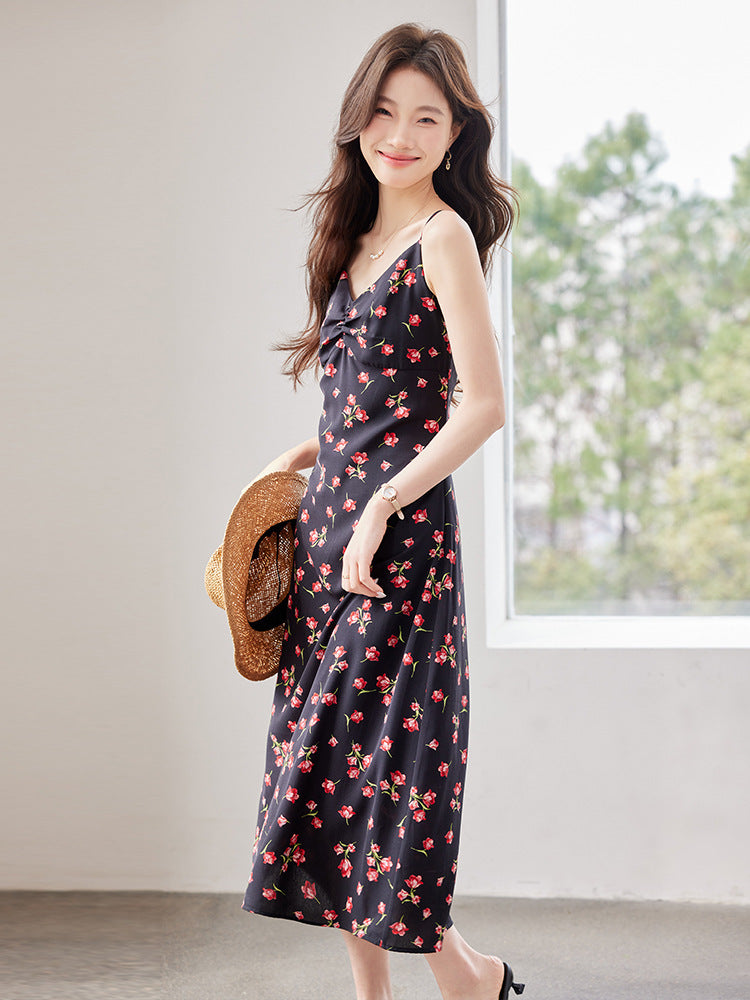 Fairy-Like Ultra-Fairy Style Spaghetti Strap Floral Dress Cardigan Elegant Petite Outfit Complete Chiffon Women's Dress