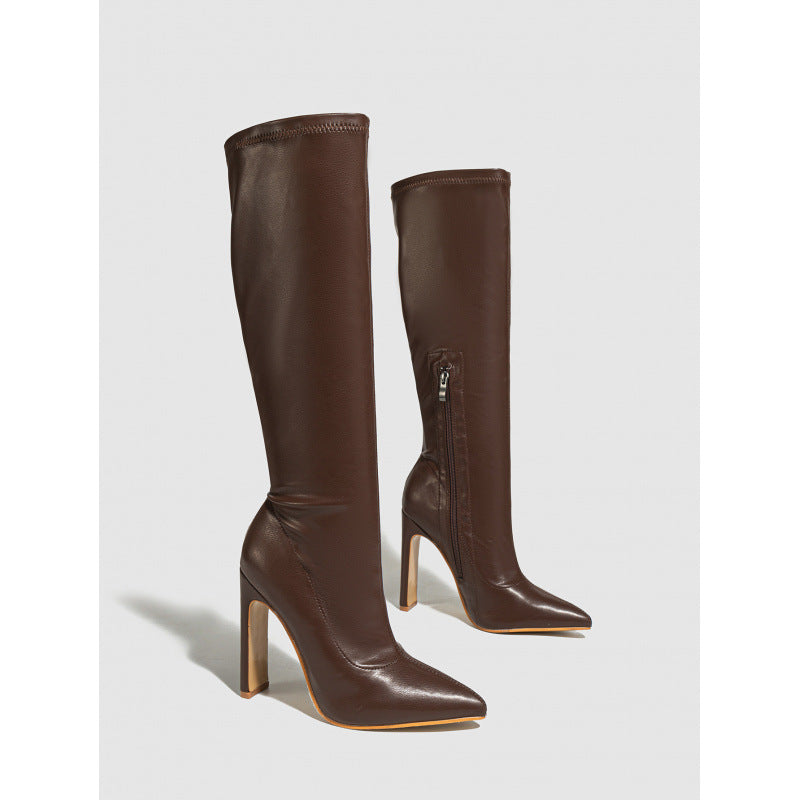 3300-10 European and American Nude Boots, Elegant Pointed Toe High-Heeled Boots, Stiletto Heels, Slim and Versatile Knight Boots, Size 35-42
