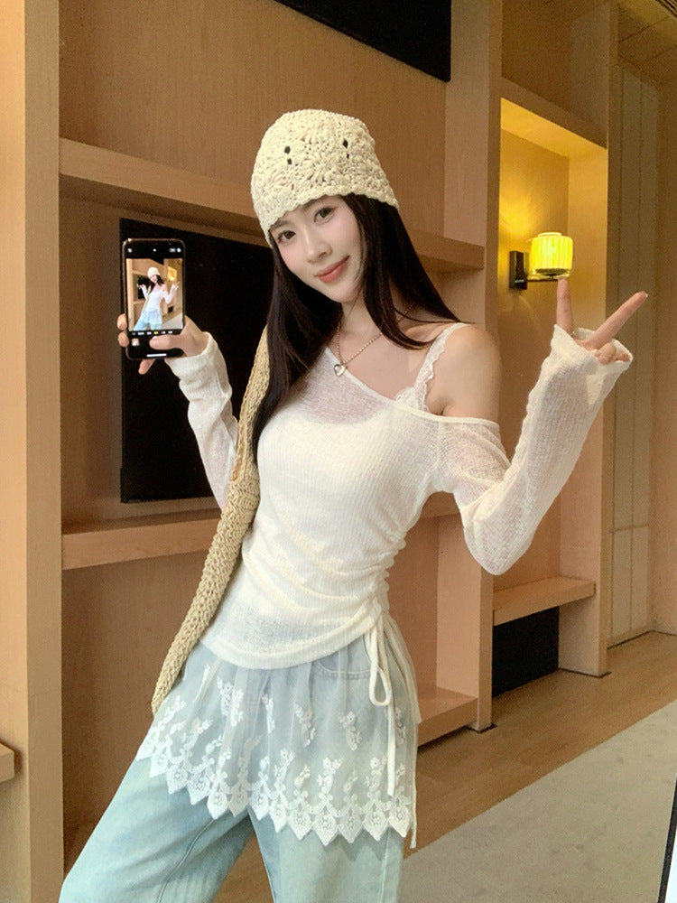Summer Chic Korean Style Vacation Style Lace Camisole Shoulder-exposed Drawstring Thin Long-sleeved Sunscreen Blouse for suit Women