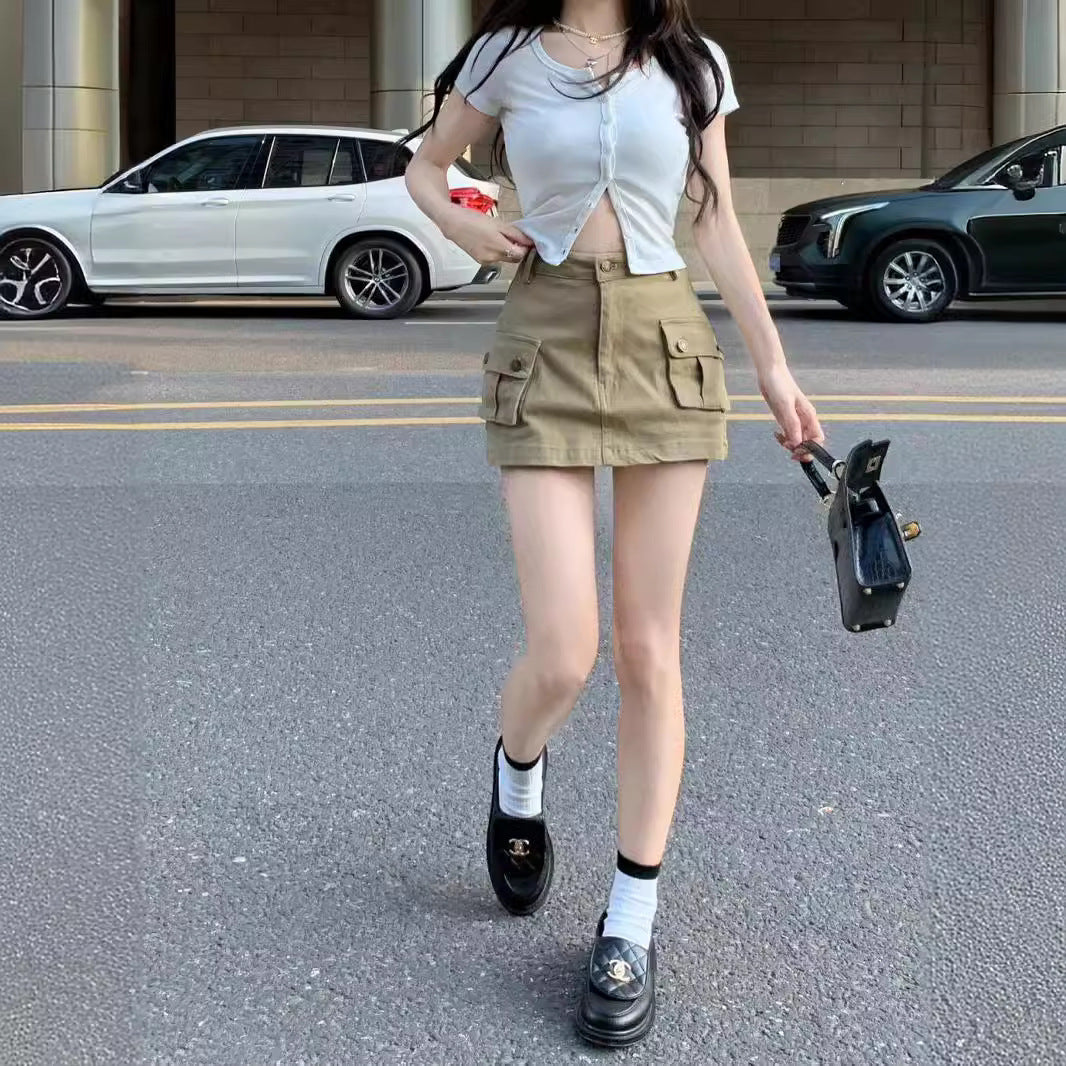 Hot Girl Khaki Workwear Skirt for Women Summer 2025 New Retro High-Waisted Miniskirt A-Line Hip-Hugging Skirt