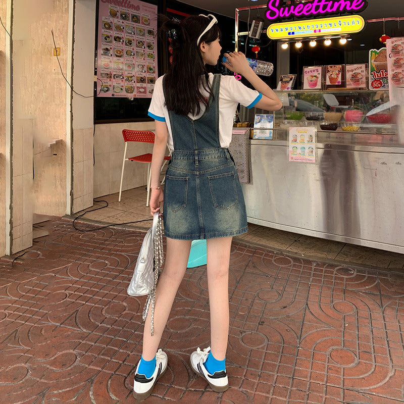 YC & American Retro Sweet Girl Strap Skirt A- line Skirt Slimming Joker dress Denim Skirt Spring and Summer