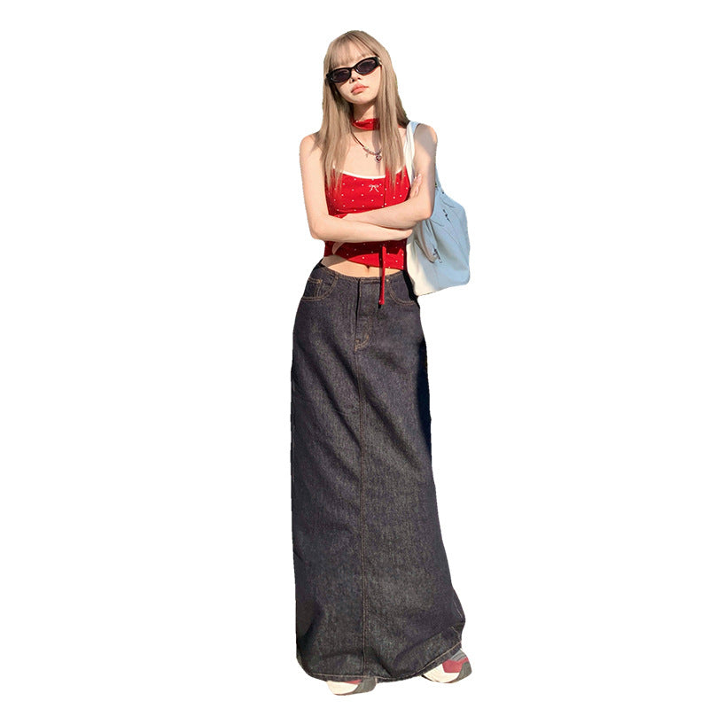 American Style Retro Hot Girl Loose Skirt Women's 2025 Summer New High Waist Draping All-match Split Denim Long Skirt
