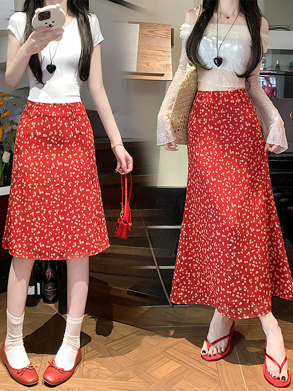Korean-Style Floral Chiffon High-Waisted Hip-Hugging Skirt for Women, 2025 Summer New Sweet and Elegant Casual Slimming Long Skirt