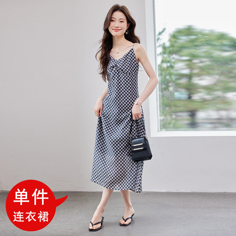 Fairy-Like Ultra-Fairy Style Spaghetti Strap Floral Dress Cardigan Elegant Petite Outfit Complete Chiffon Women's Dress