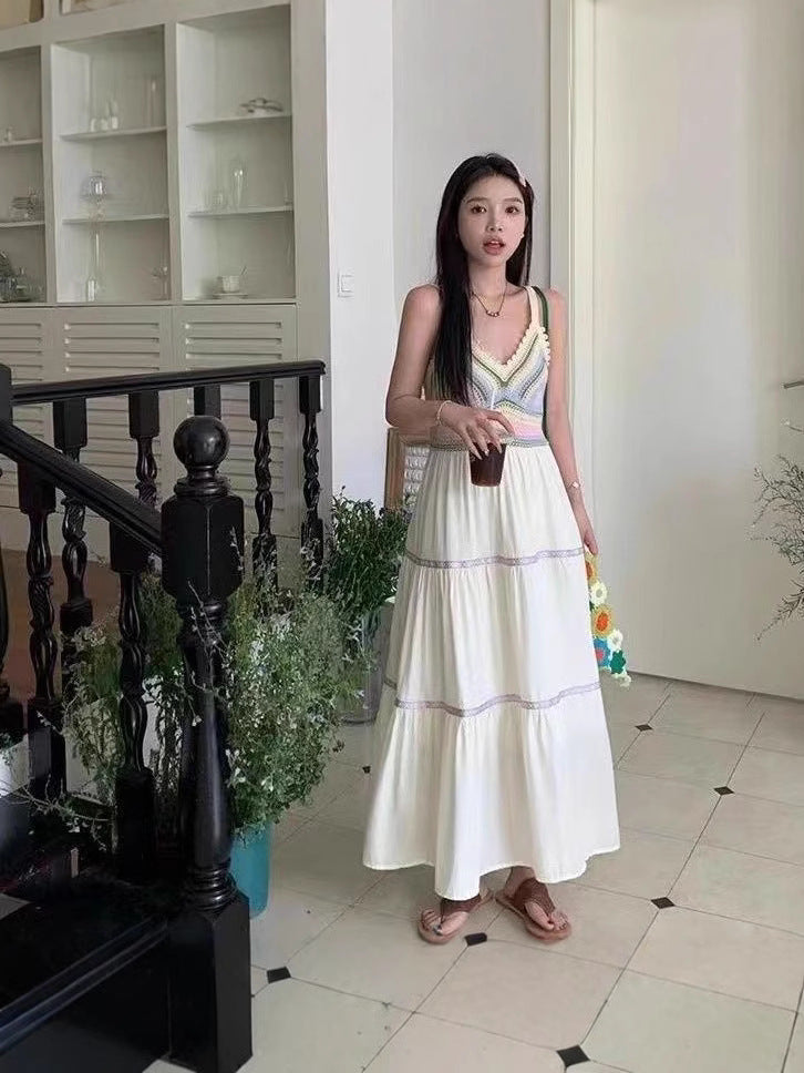 Summer women's national style sling hollow stitching dress new style sling skirt holiday style
