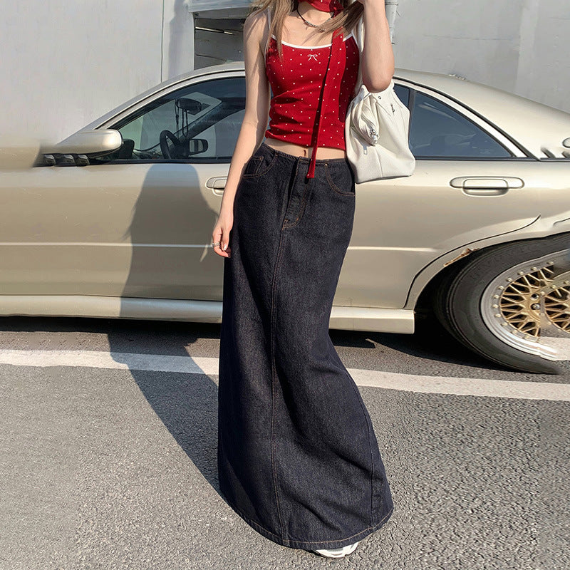 Raccoon House # Summer High-Waisted Denim Long Skirt for Women Denim Original Color Slit Dark Blue Tall A-Line Skirt Wholesale