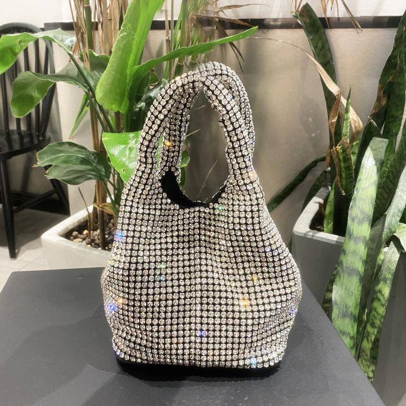 New Rhinestone Handbag Hard Bottom Shaping 2024 Guangzhou Quality Vest Bucket Shoulder Bag Chain Dinner Wallet