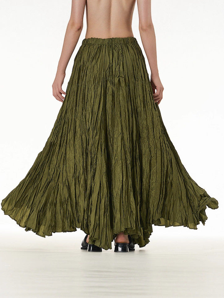 Amazon European and American Style Simple Crinkled Midi Skirt 2026 Summer New Fashion Brand Women's Clothing Trendy Versatile Oversized Flared Skirt