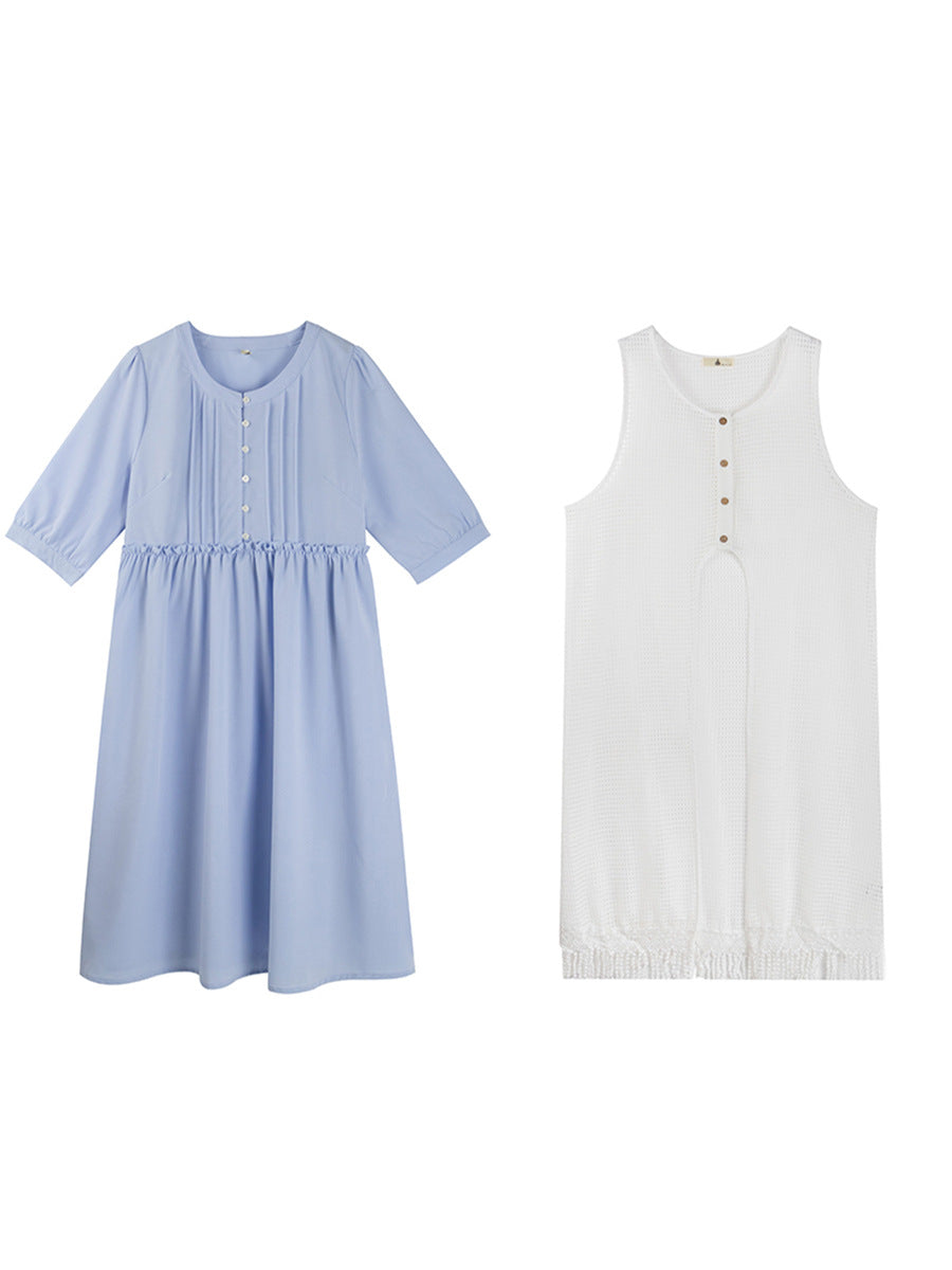 Two days 2025 spring new plus size women's tassel hollow blouse/solid color waist dress 8782AB