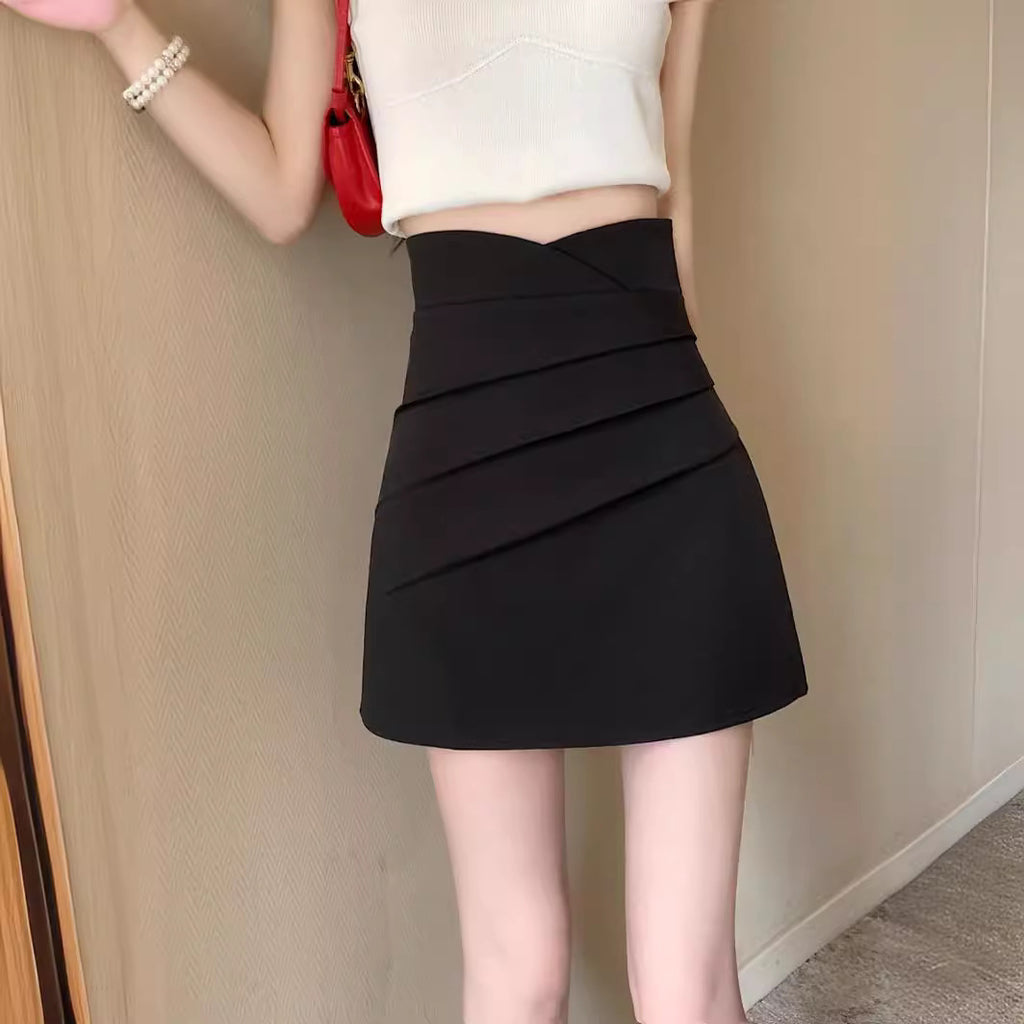 Summer 2023 New High-Waisted Hip-Hugging A-Line Short Skirt with Irregular Design Pleated Mini Skirt Sexy Black