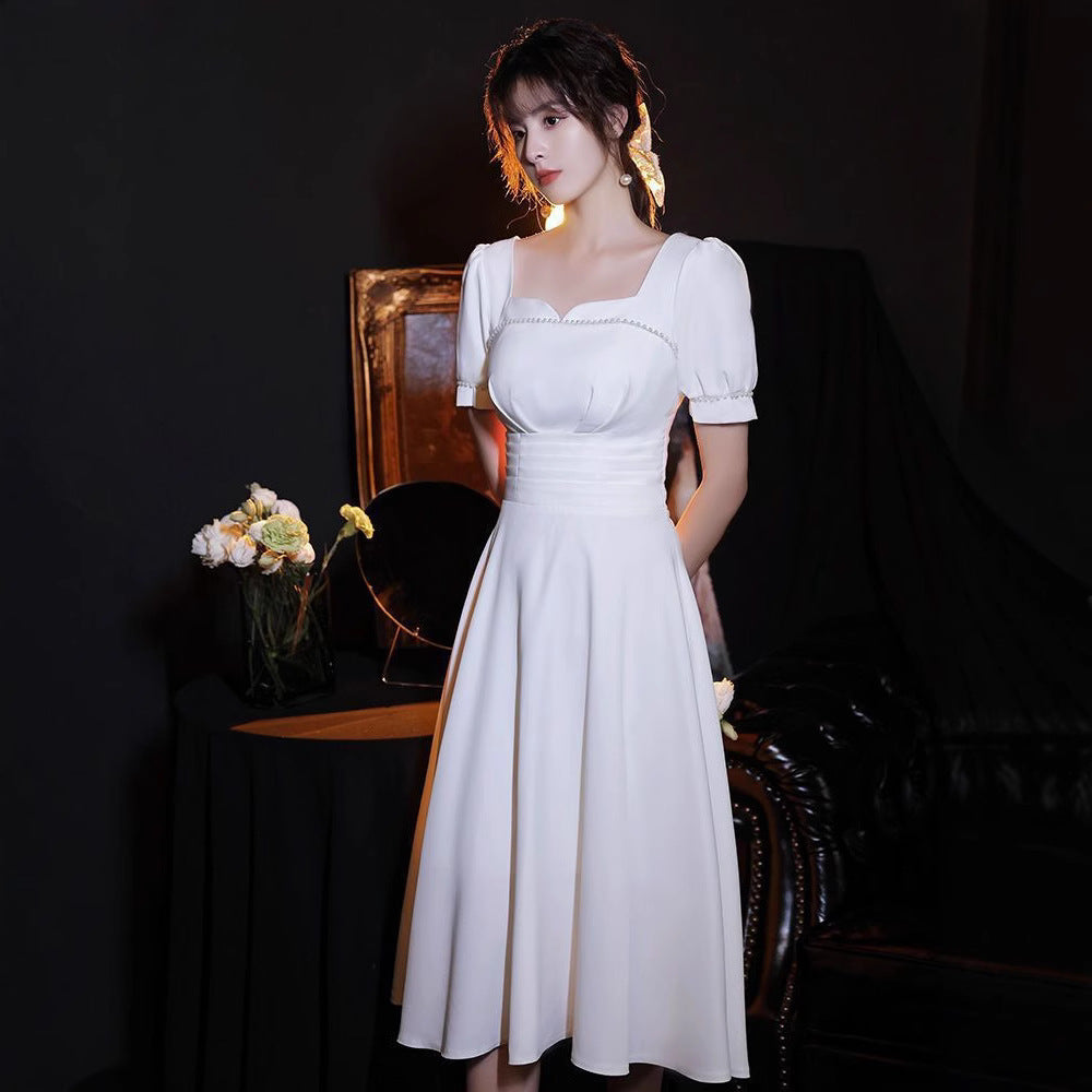 Registration Dress French Square Collar Dress White Dress Daily Wearing Engagement dress White Slim Dress