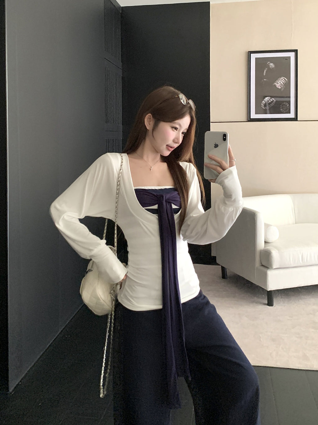 Pure Desire Large U-Neck Waist-Cinching Long-Sleeve T-Shirt for Women, Autumn Striped Tie Bandage Tube Top Layered Two-Piece Set, Korean Style, Elegant