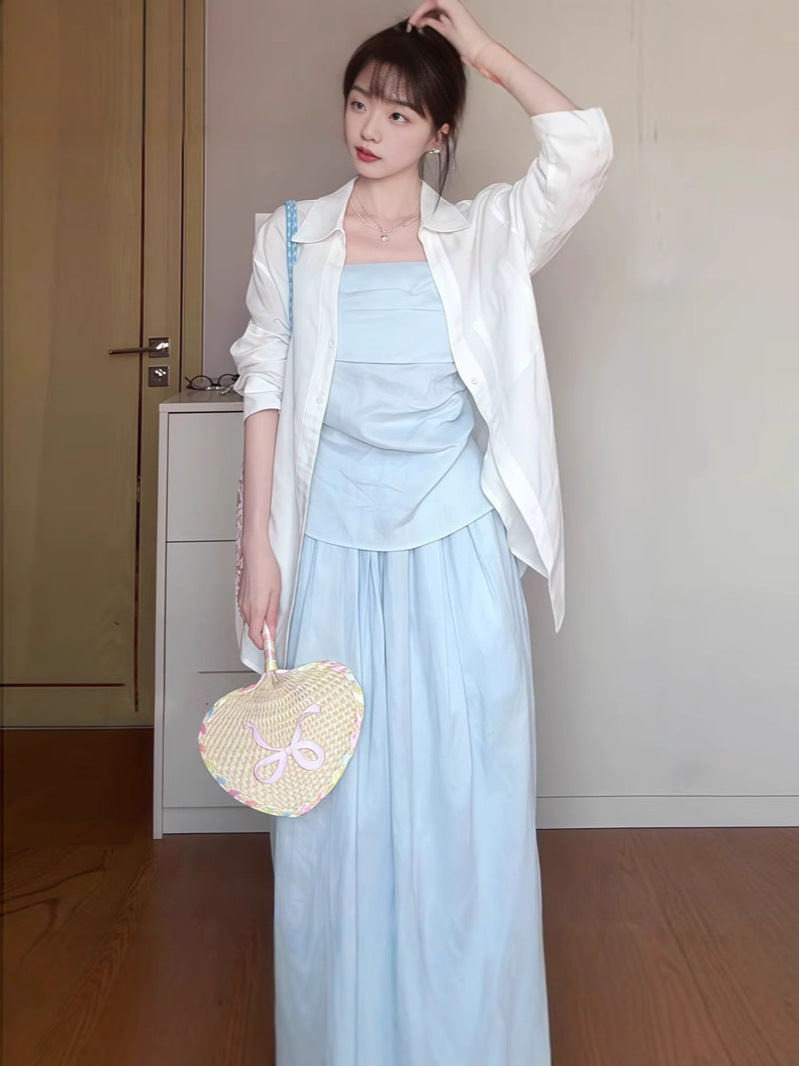 2025 Spring and Summer New Korean suit Shirt Strapless Top Skirt light blue