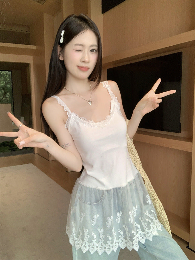Summer Chic Korean Style Vacation Style Lace Camisole Shoulder-exposed Drawstring Thin Long-sleeved Sunscreen Blouse for suit Women