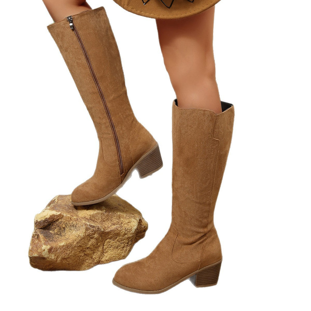 Foreign Trade Elegant Knight Boots Women's High Boots 2025 Autumn and Winter Fleece-Lined Thick Heels No More Than Knee New Boots