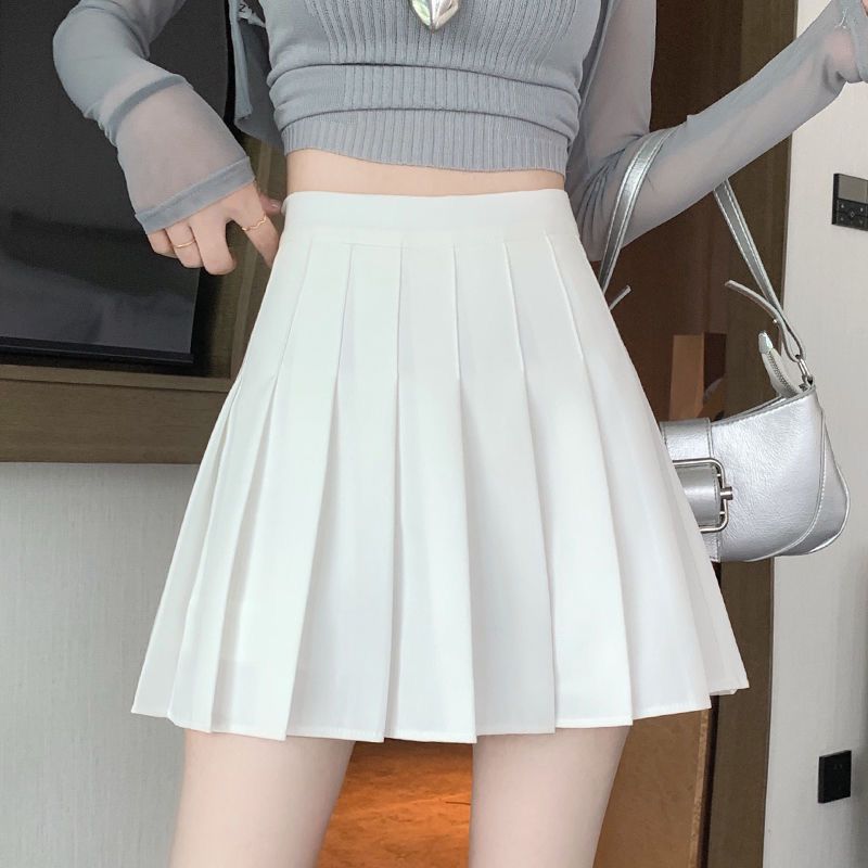 High-Waisted A-Line Slimming Pleated Skirt Versatile Short Skirt for Women, College Style Korean Version Solid Color Anti-Exposure Skirt Wholesale