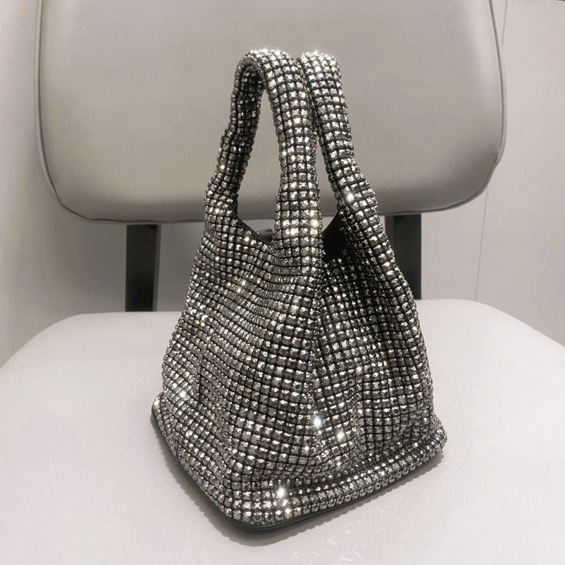 New Rhinestone Handbag Hard Bottom Shaping 2024 Guangzhou Quality Vest Bucket Shoulder Bag Chain Dinner Wallet