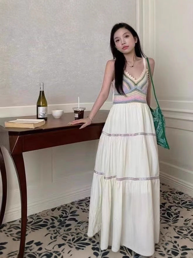 Summer women's national style sling hollow stitching dress new style sling skirt holiday style
