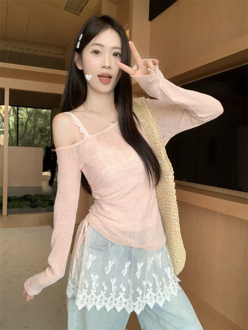 Summer Chic Korean Style Vacation Style Lace Camisole Shoulder-exposed Drawstring Thin Long-sleeved Sunscreen Blouse for suit Women