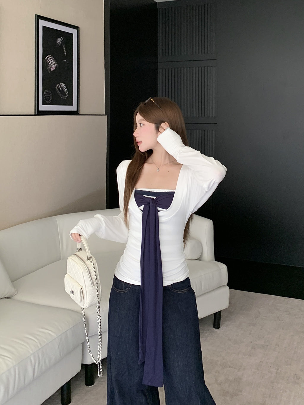 Pure Desire Large U-Neck Waist-Cinching Long-Sleeve T-Shirt for Women, Autumn Striped Tie Bandage Tube Top Layered Two-Piece Set, Korean Style, Elegant