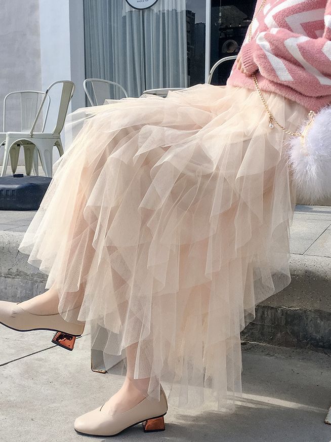Spring and Summer Korean Style Elastic Waist Fashionable and Versatile Slimming Mesh Splicing Irregular Mid-Length High-Waisted Skirt