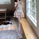 French Sweet Lace Slim-Fitting Top for Women, Summer Gentle and Pure Lust Suit, Puffy Skirt, Two-Piece Suit