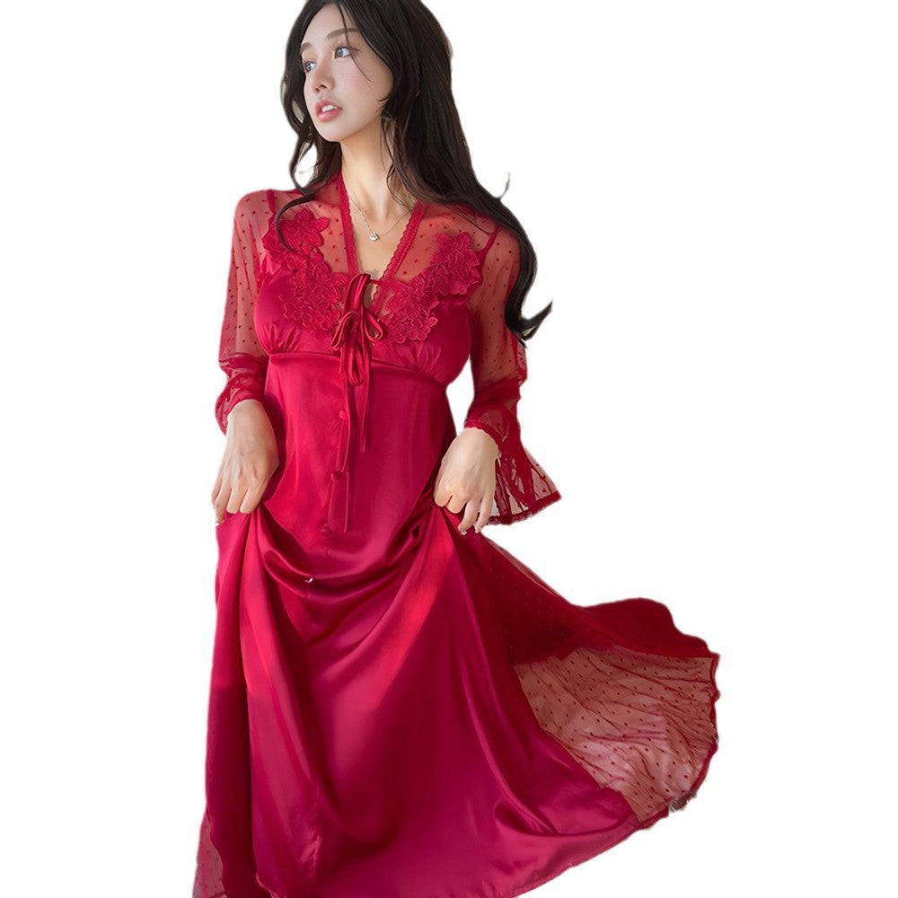 Sexy Pajamas Women's dress Ice Silk French Court with Chest Pad Pure Desire Fairy Nightdress 2025 New Summer