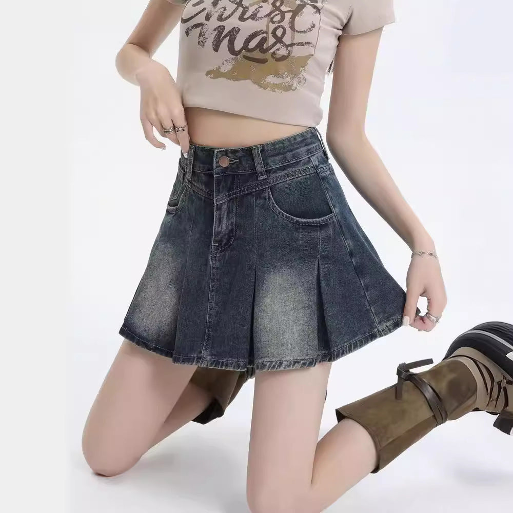 American Style Retro Denim Skirt Women's Summer New Style Small Design Sense A- Line Shorts Pleated Skirt Women's Skirt