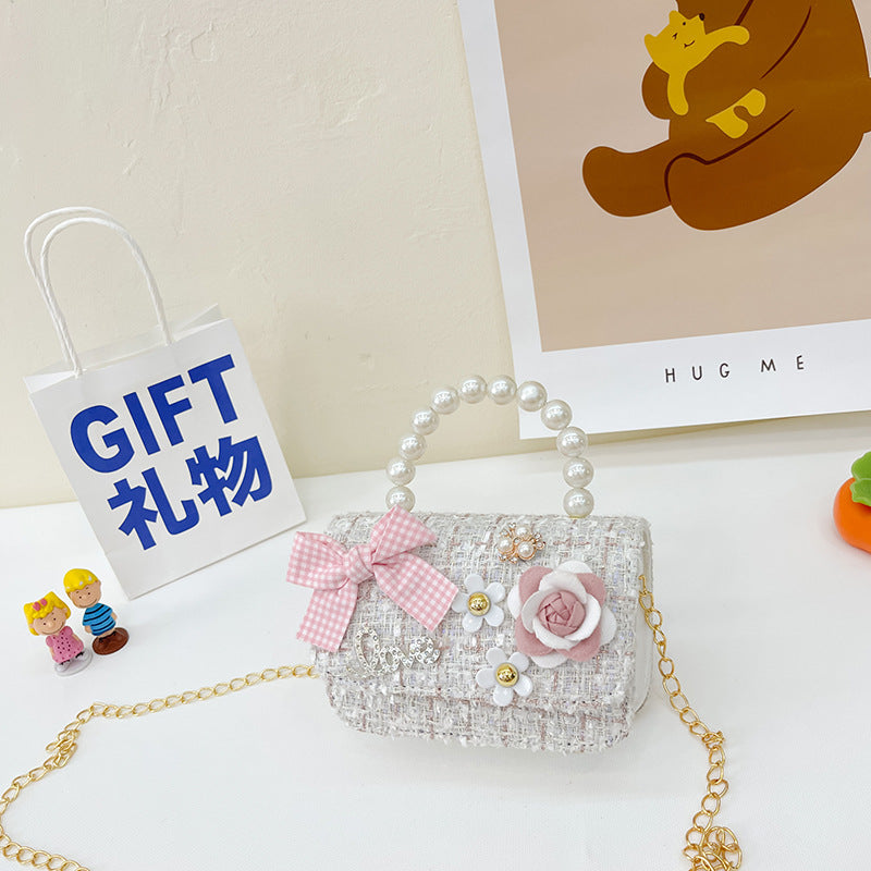 New Korean Fashion Woolen Cotton Linen Women's Children's Bow Pearl Handbag Handbag Women's Bag