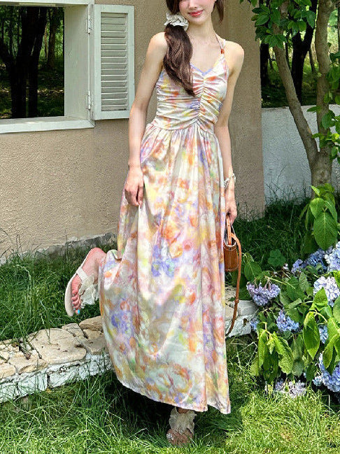 French-Style Oil Painting Halter Neck Spaghetti Strap Dress for Women, New Summer Vacation Style, Backless Floral Mid-Length Dress Ins