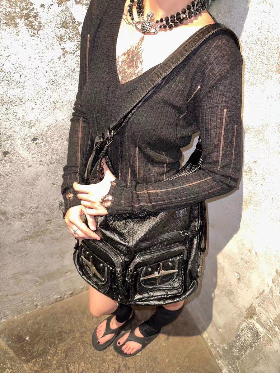 Pure Desire Style Small Hollow-out Lazy V-neck Thin Blouse Hole Sexy Waist Wool Sweater Long-sleeved Slim-fit Top for Women